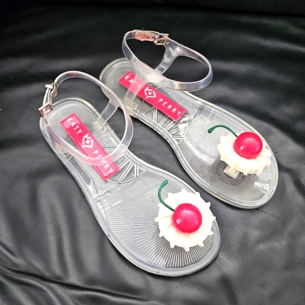 Katy Perry Clear Jelly Geli Cherry Flip Flops Sandals Shoes Pvc Sz 6 US